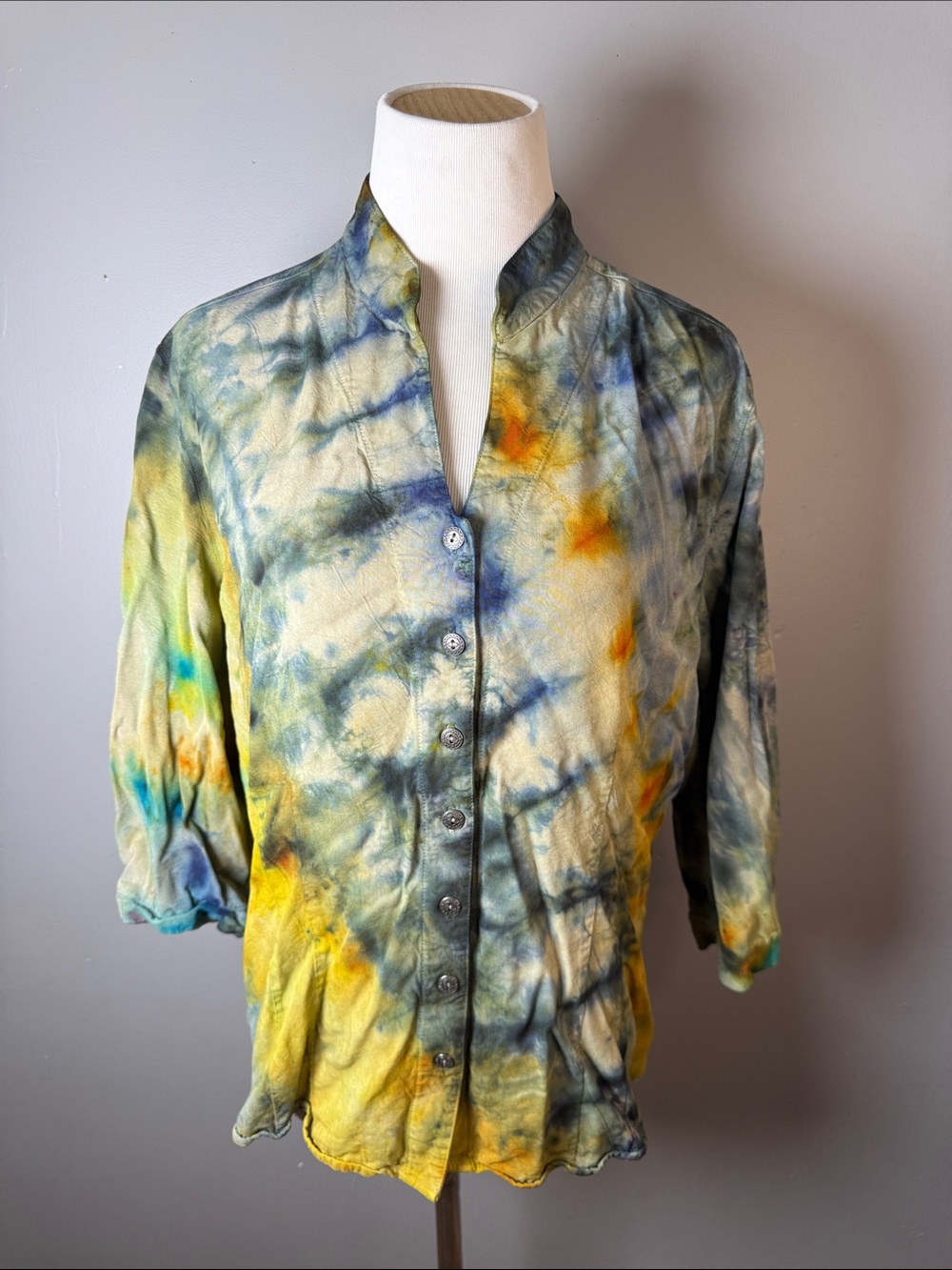 Hand-Dyed Tie-Dye Button Front Blouse in Yellow, Blue & Green